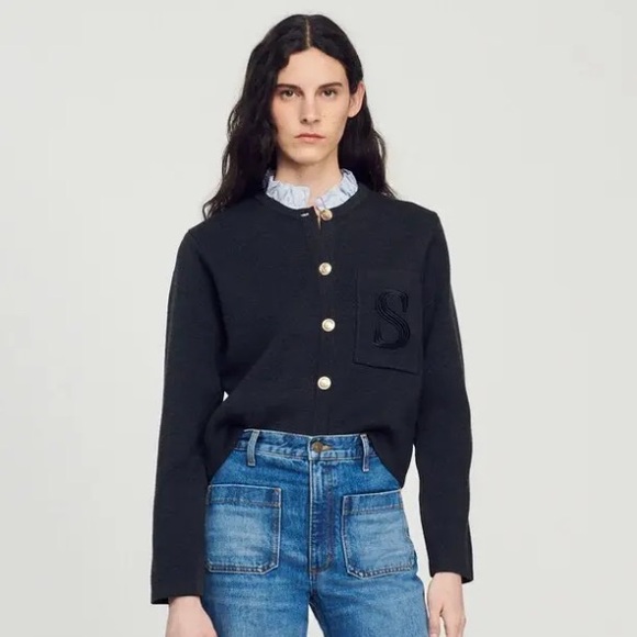 Sandro Grey Sweater with Neck Ruffle